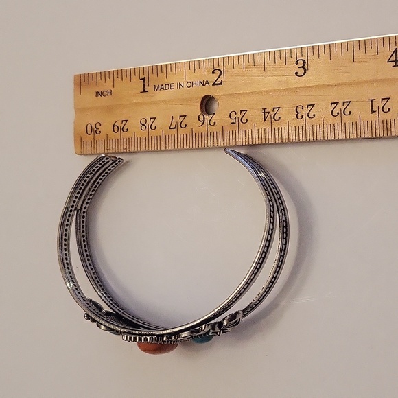 Silvertone Bangle with Faux Orange and Turquoise Stones - Picture 3 of 5